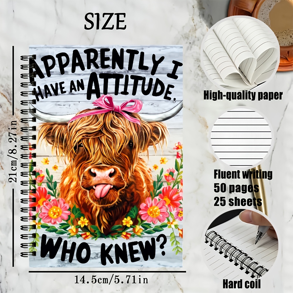TEMU 1 Highland Cow Spiral Notebook Diary Scottish Cow Pink Bow Floral Humorous Slogan Journal, Lined Writing Journal 50 Pages/25 Sheets For School,