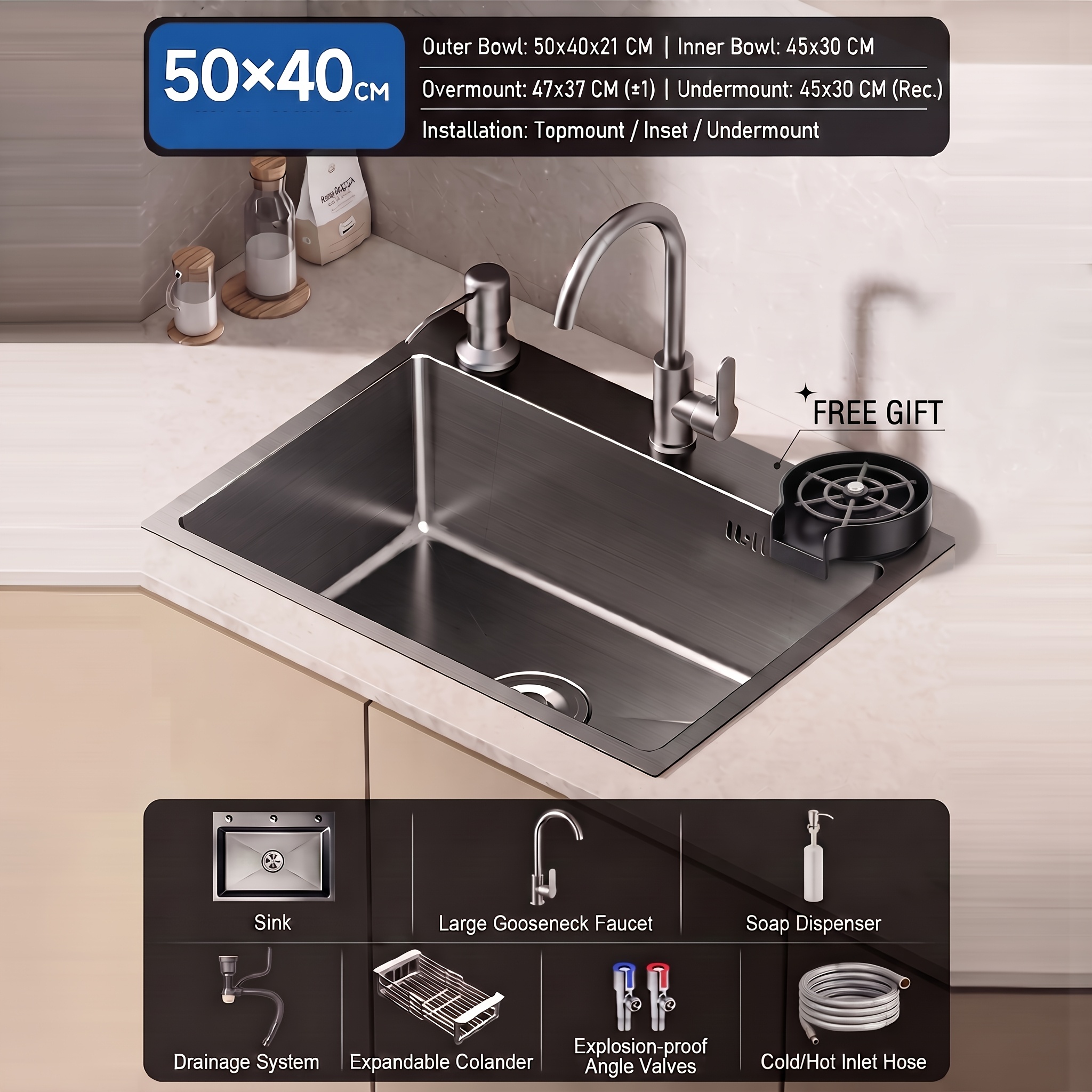 Image of Black Built-in Single Bowl Kitchen Sink 1 Set, Handcrafted Matte Black Stainless Steel Kitchen Basin Size 5040, Modern Nano Sink With Full Drainage Accessories Included