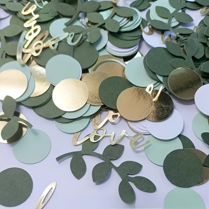 Image of 200 Stylish Snowflakes For Parties - Golden And Green Paper Confetti, Perfect For Weddings, Bridal Showers, Graduations, And Birthdays - Versatile Rustic Decor Featuring 'love' Words And Leaf Designs