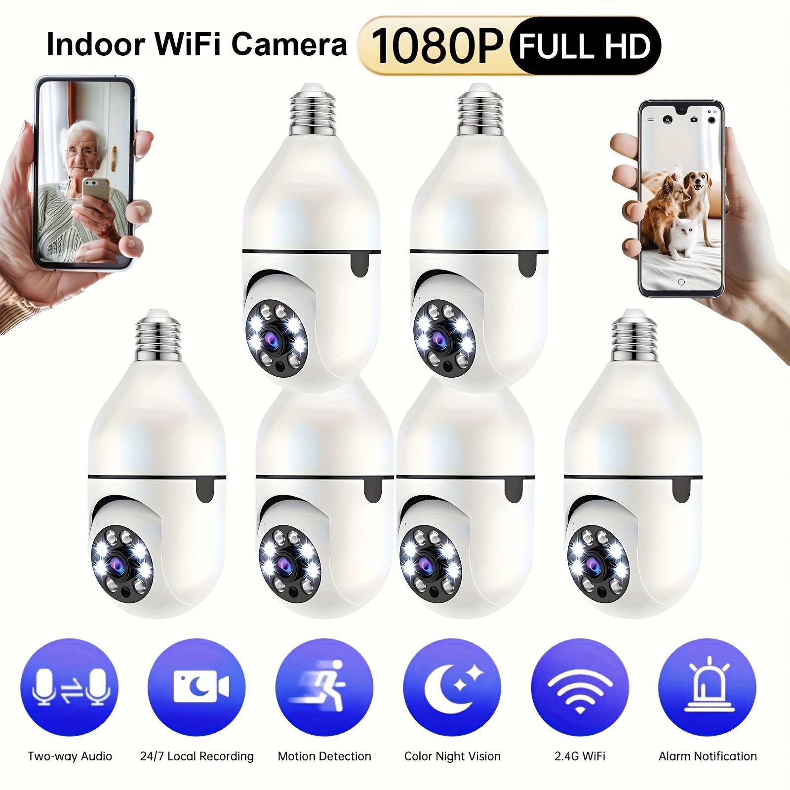 TEMU 6pcs Light Bulb Security Cameras Wireless Indoor, 2.4ghz Wifi Lightbulb Security Camera For Home Security, Talk, Color Night Vision, Auto
