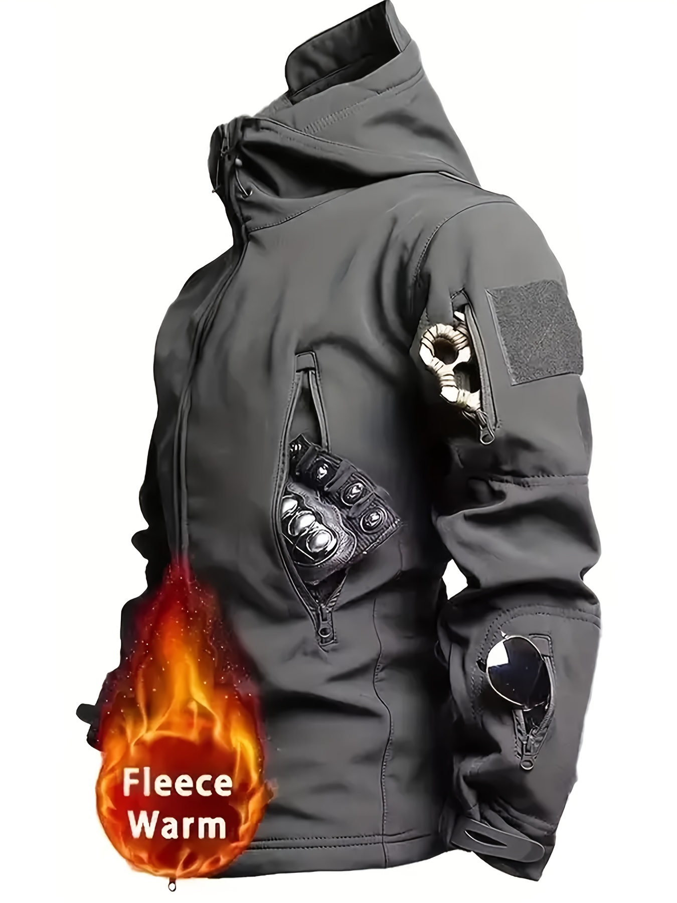 mens windproof outdoor   jacket with hood full zip closure multiple utility pockets zippered pocket organizer heavy duty hiking mountaineering camping coat machine washable non stretch fabric   layering jacket for adults mountaineering gear functional design reinforced stitching active professionals hiking gear sporty style durable construction adventure   grey 0