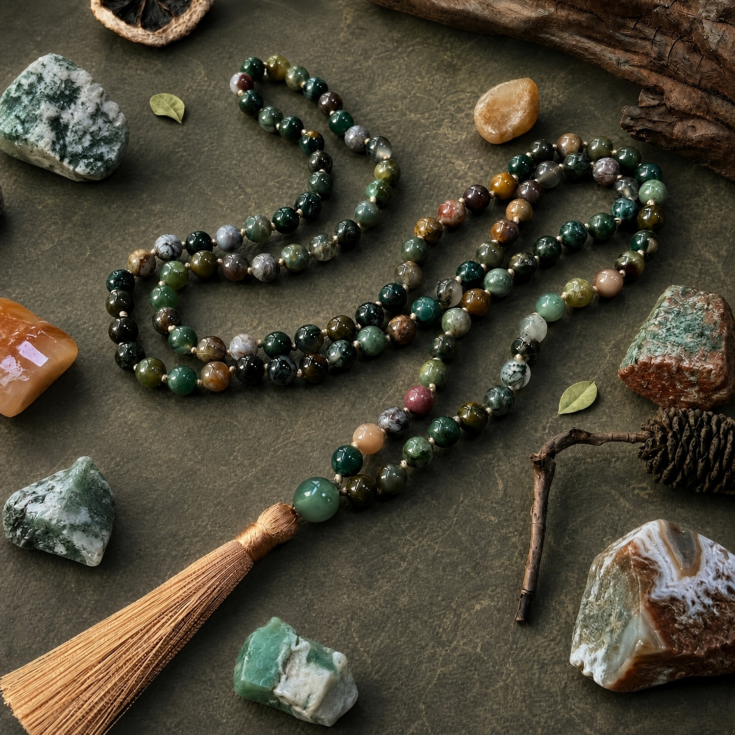 TEMU Malanecklace, 108 Indian Agate Hand-knotted Beads, Natural Agate Tassel Necklace, Vintage Bohemian Style Men's & Women's Fashion Jewelry
