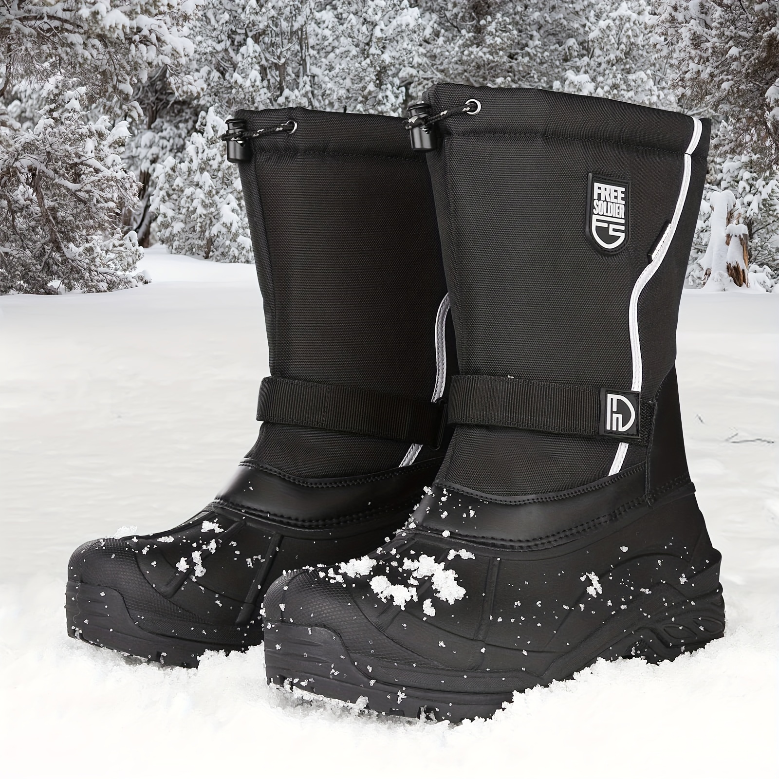 Men's Winter Boots With Lining, Non-slip Soles, Ankle Support, Adjustable For , Suitable For Hiking, Mountaineering, Gardening, Fishing, Black Color, Round Toe Design.