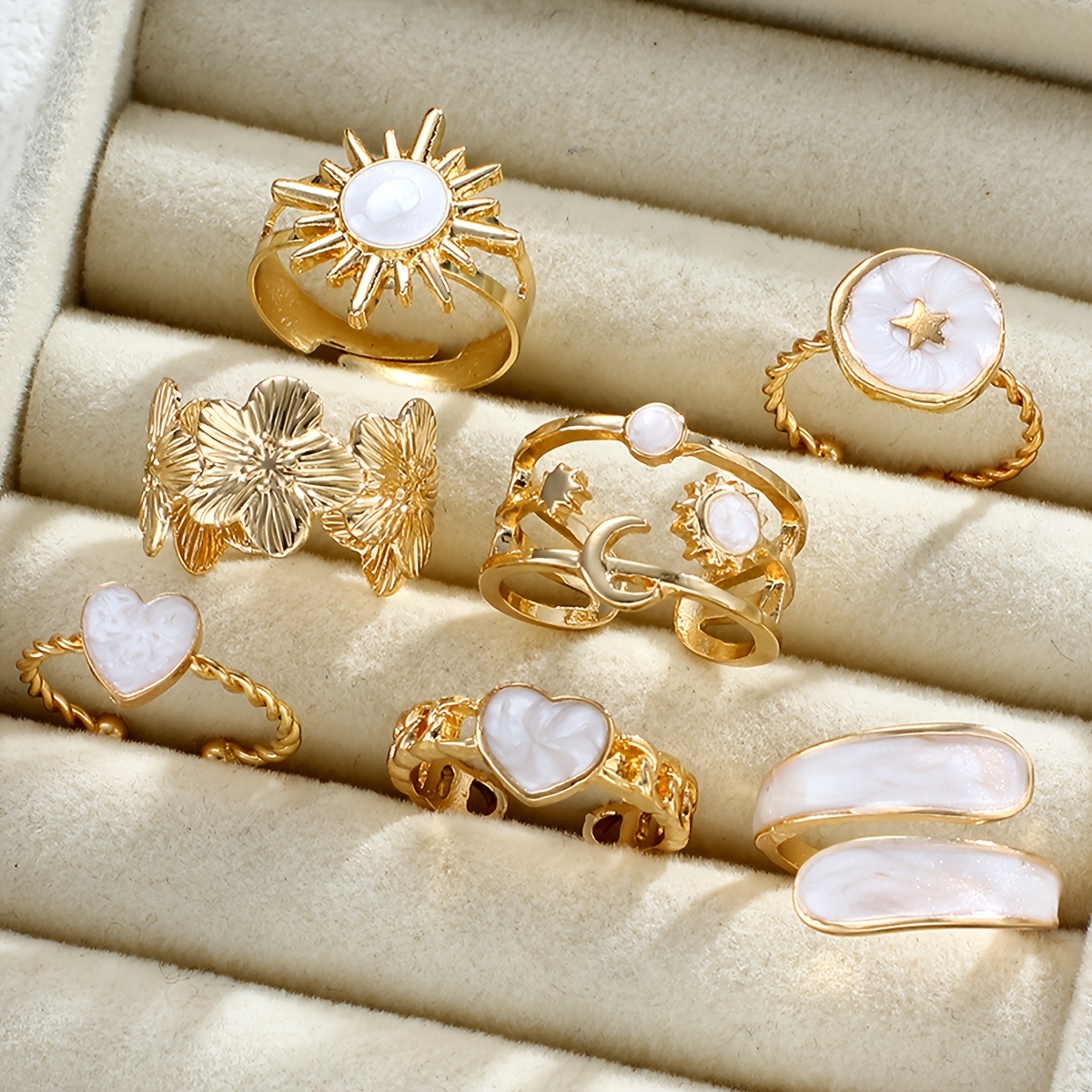 TEMU 7pcs Women's Fashion Individual Rings, Fashionable Luxurious Elegant High-quality Sunflower Heart-shaped Bohemian Style Women's Ring Set,
