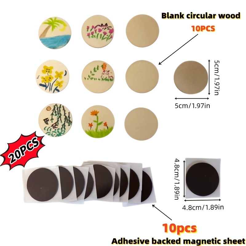 Image of 20pcs 10pcs Wood + 10pcs Adhesive Magnetic Sheets, Suitable For Fridge Magnet Material Kits, Paintable Round Wood For Diy Supplies, Magnetic Home Organization And Styling