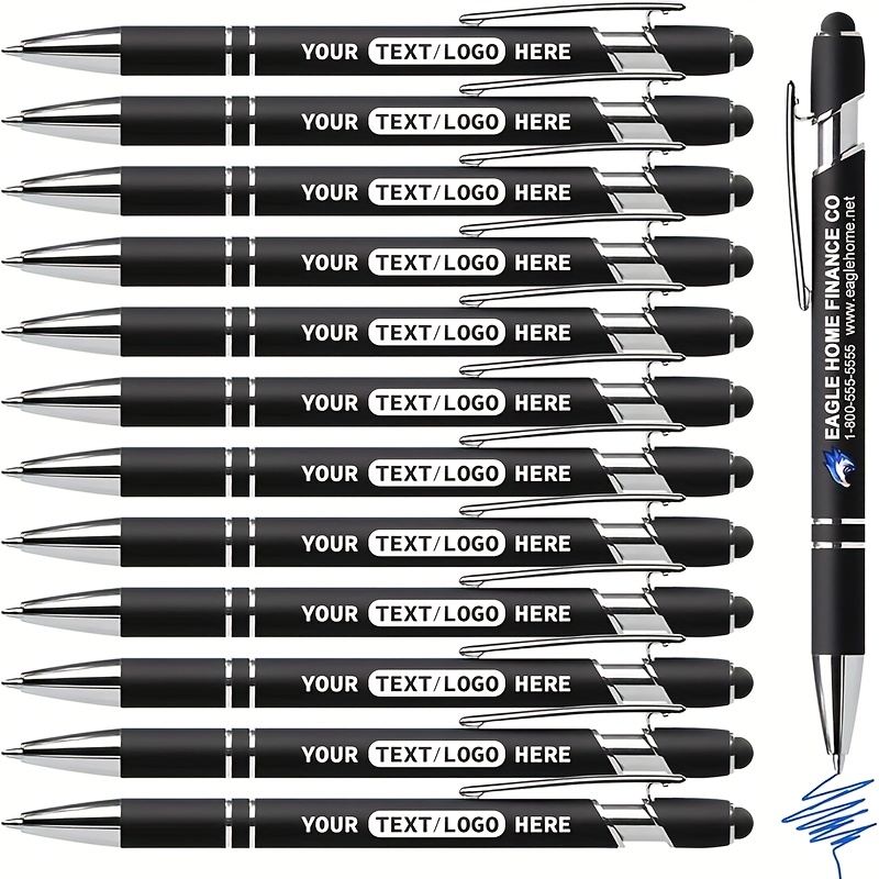 E-shop 12 Stück Blaue Tintenstifte mit Metallbedrucktem Namen, Personalisierte Kugelschreiber mit Logo/Name/Text - Tolles Geschenk für Büro, Lehrer und