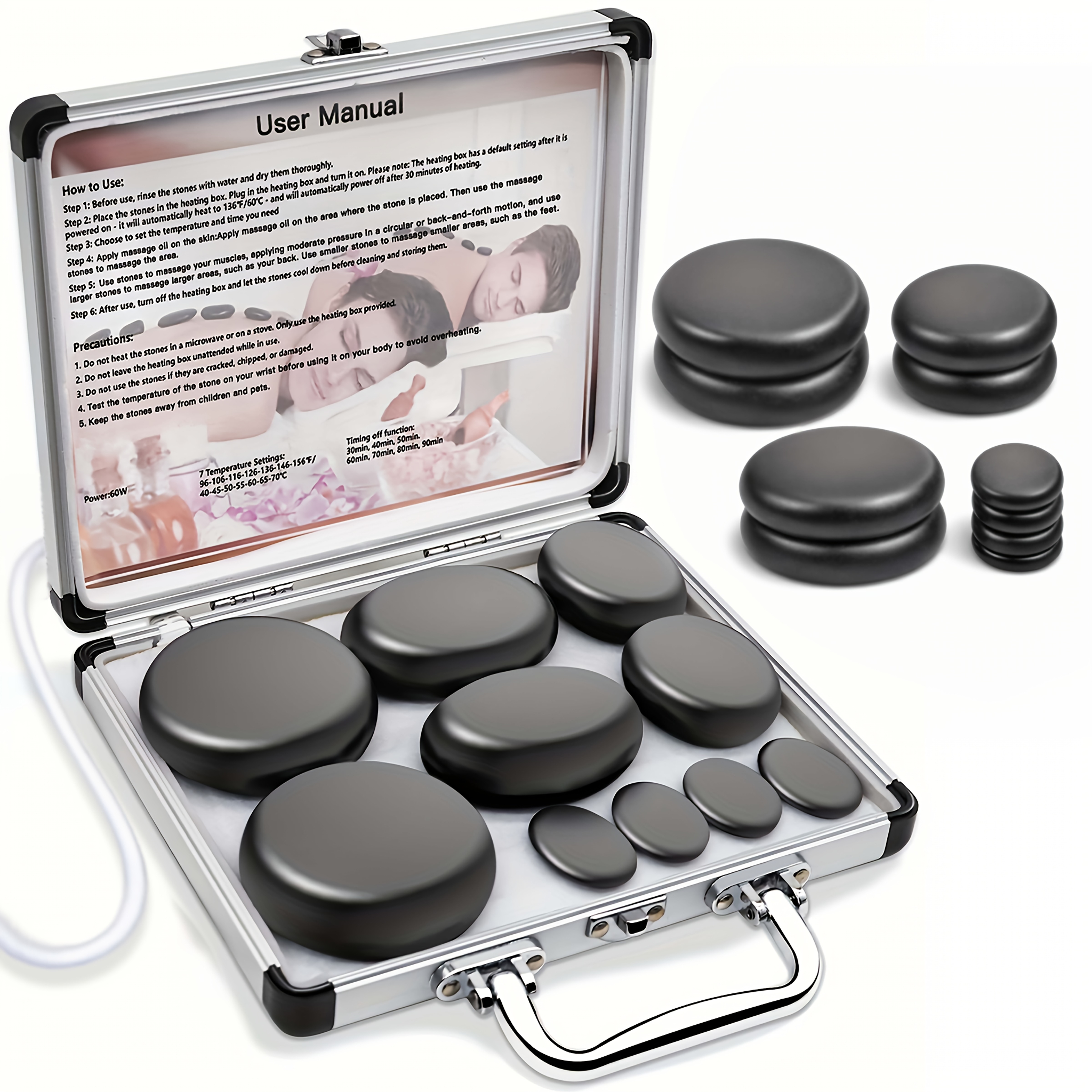 Kit de Masaj cu Pietre Fierbinți cu Control al Temperaturii - Set de 10 Pietre de Bazalt cu Încălzitor / Set de 20 Pietre de Bazalt cu Încălzitor, Unelte Profesionale de Masaj Spa pentru Gât, Spate, Abdomen, Picioare și Masaj Corporal Complet