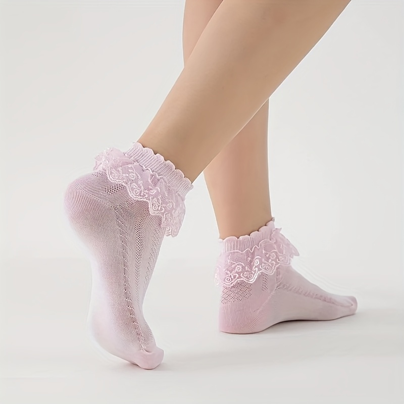 Image of Women's Elegant Floral Lace Trim Ankle Socks - Breathable Spring Summer Short Socks With , Hand Washable For Casual & Formal Outfits, Breathable Footwear | Soft Fabric Construction, Cute Socks