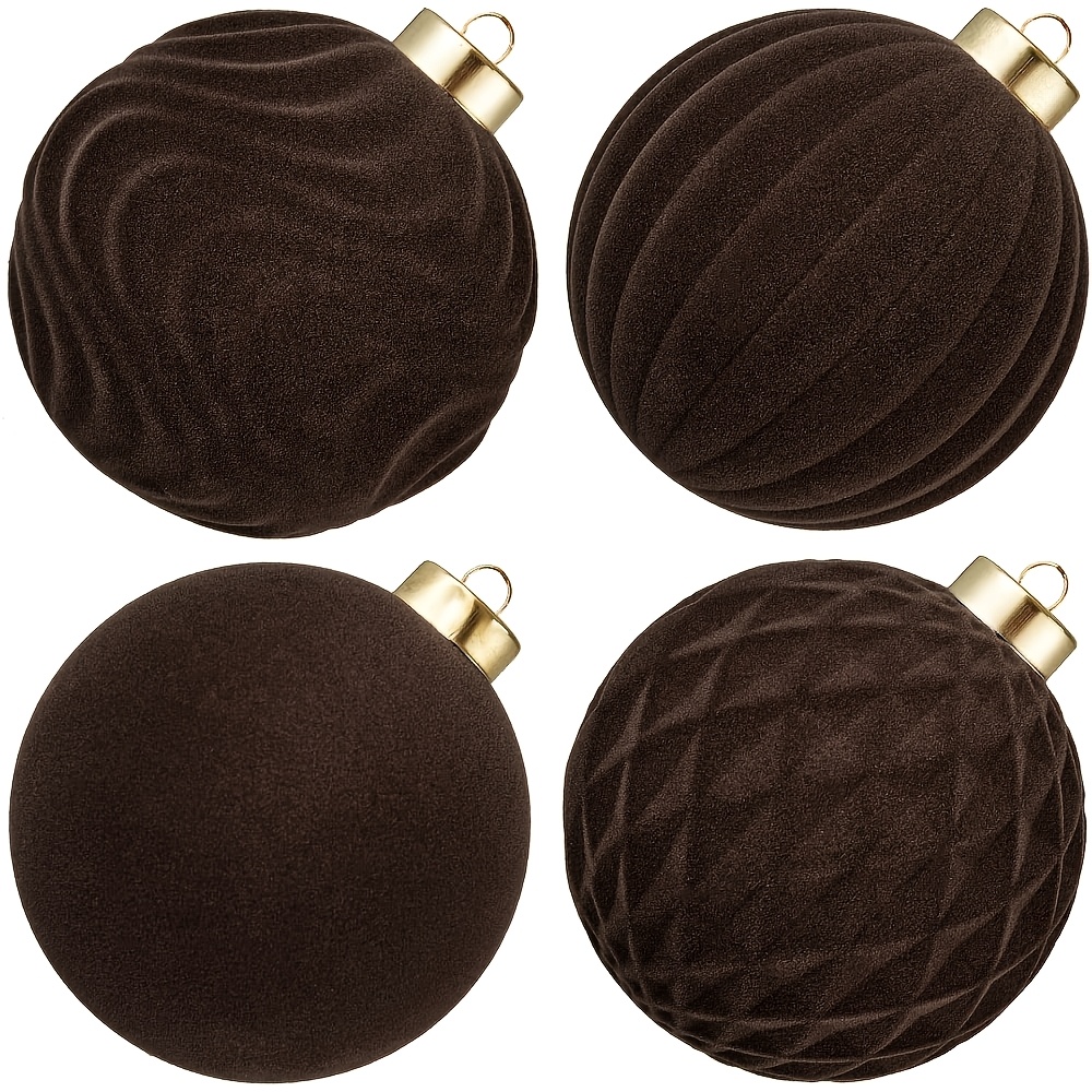 TEMU 4pcs 10cm/3.93inch Large Velvet Christmas Ball Ornaments Flocked Brown Christmas Balls Shatterproof Decorative Hanging Ornaments Set For Xmas