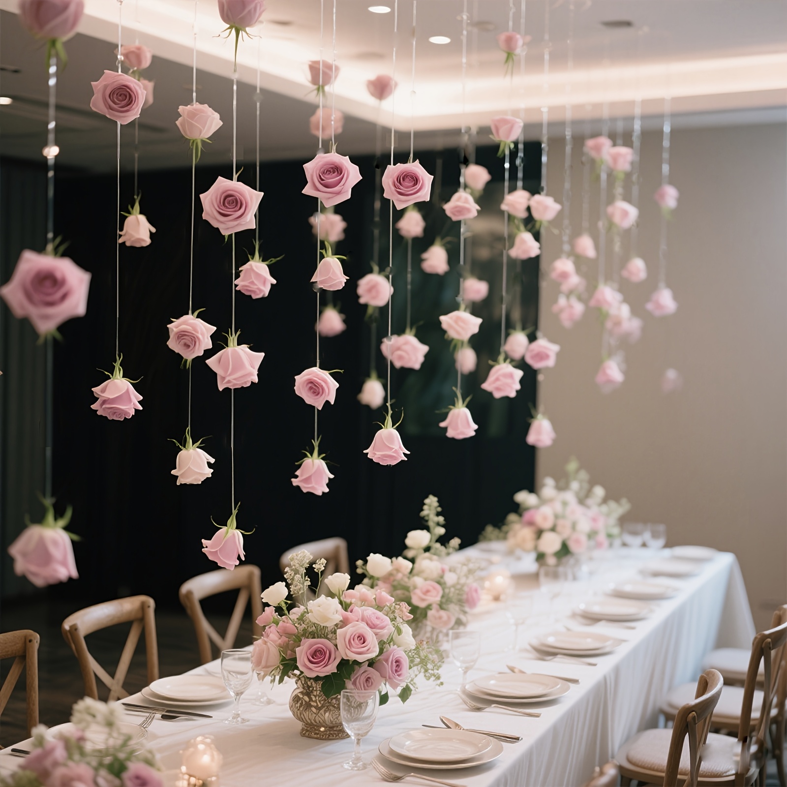 Image of 21pcs Pink Rose Waterfalls Set With 20pcs Fake Rose Flower And 1 Roll Of Transparent Rope For Wedding Party Decor Valentine Day Bridal Shower Birthday Supplies Room Decor