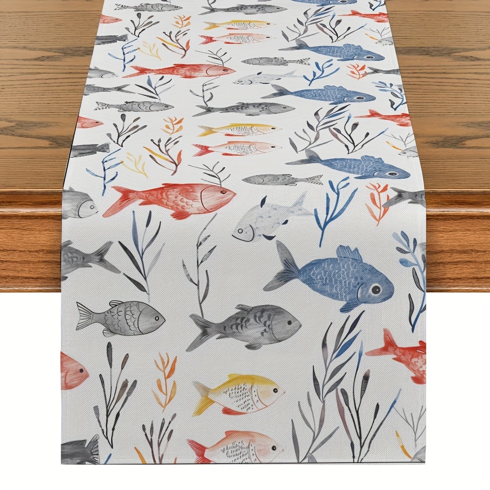 

1pc Table Runner, Ocean-themed Table Runner, Polyester Fabric With Fish Coral Shell Print Table Runner, Coastal Dining Table Decor, For Home Dinning Room And Restaurant, Home Supplies