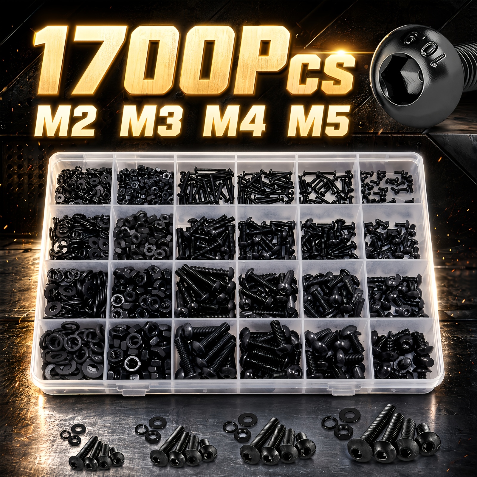 Image of 1700pcs Head Machine Screw Assortment Kit, M2 M3 M4 M5 Metric Bolts And Nuts Kit With Lock & Flat Washers, Grade 10.9 Alloy Steel Metric Assortment With Case