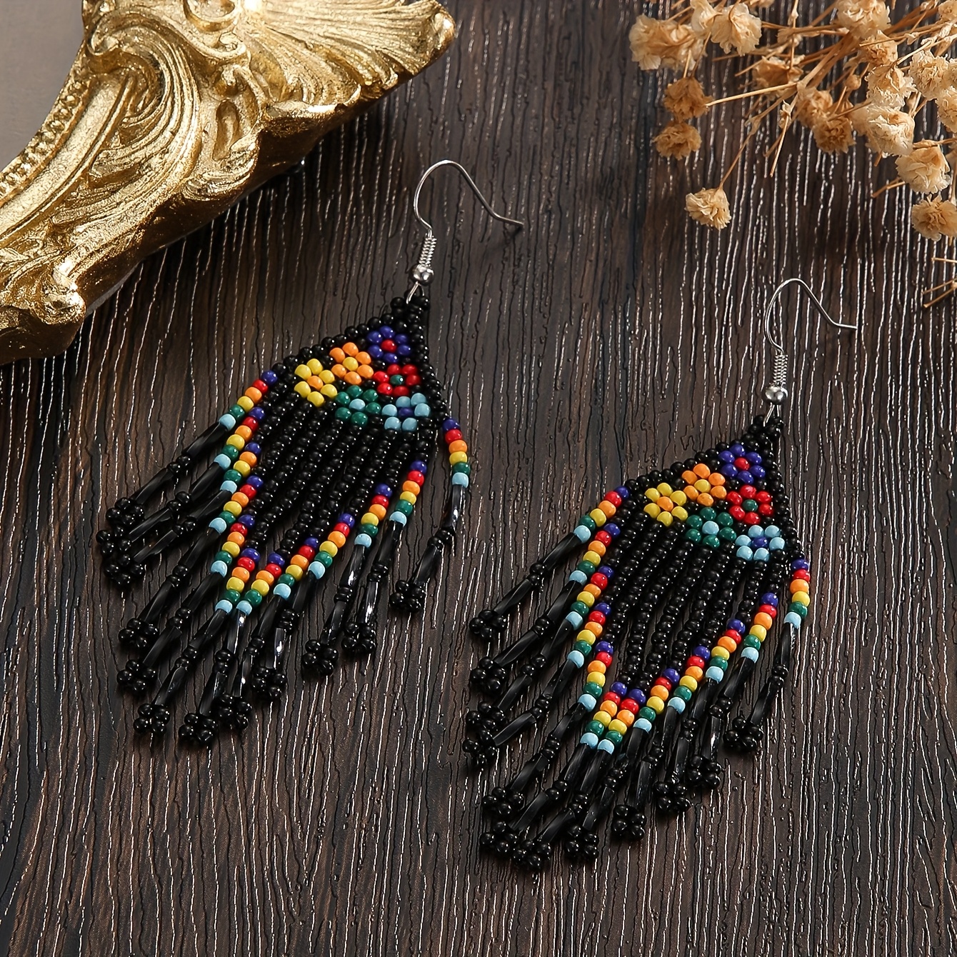 TEMU Handmade Beaded Earrings, Long Beaded Earrings For Women, Seed Bead Earrings, Dangle Earrings, Flower Earrings, Multicolor Earrings, White