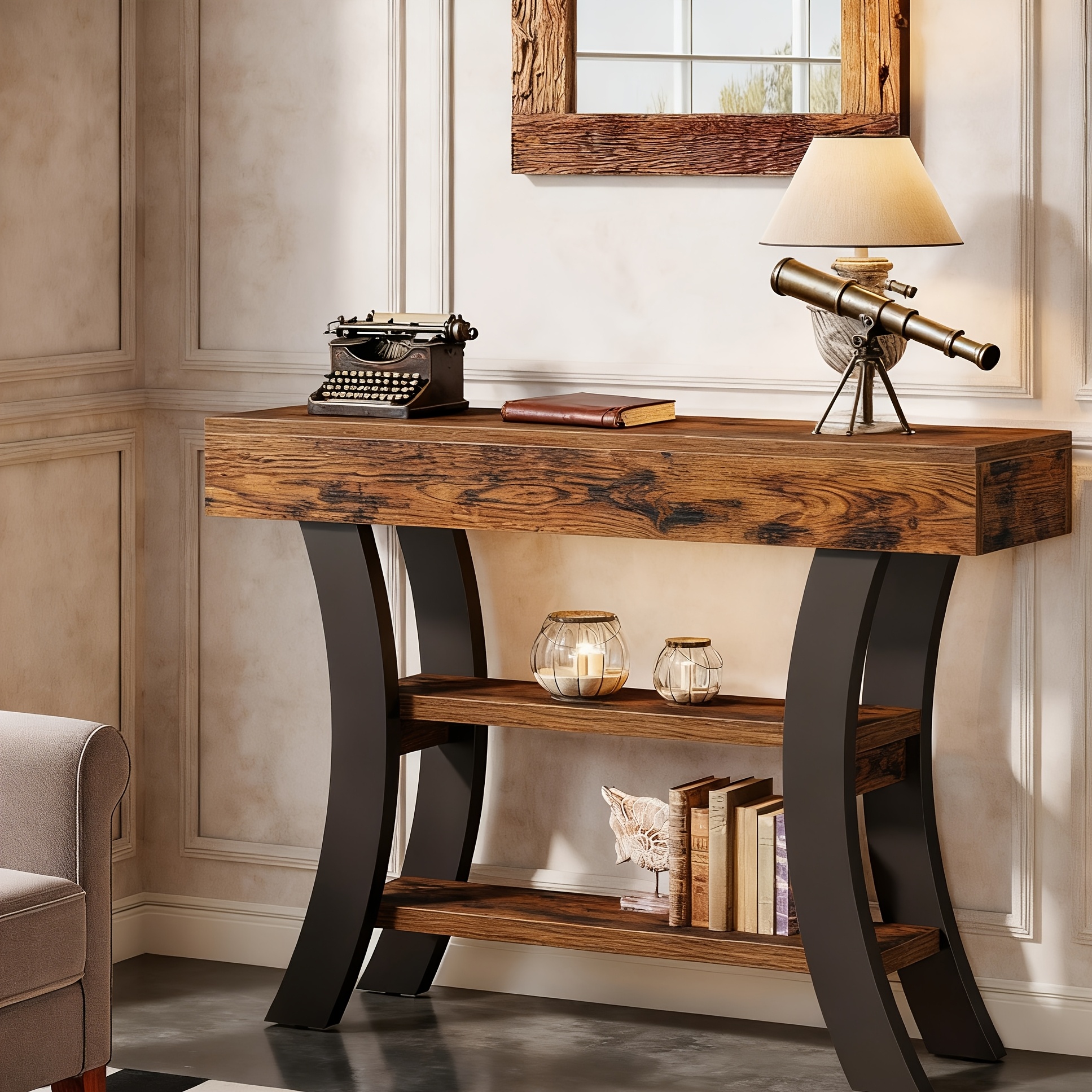 41" Small Console Table For Entryway, 3-tier Rustic Sofa Table With Storage Shelves And Curved Frame For Living Room, Entry, Hallway, Foyer, Rustic Brown