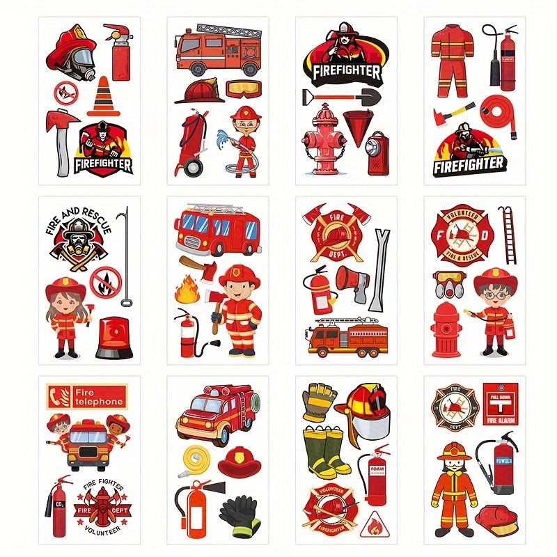 

60-piece Firefighter Temporary Tattoos Set, Assorted Fire Truck, Fire Extinguisher, Fireman's Helmet Fake Tattoo Stickers, Oblong Shape, Firefighter Themed Party Decorations & Supplies