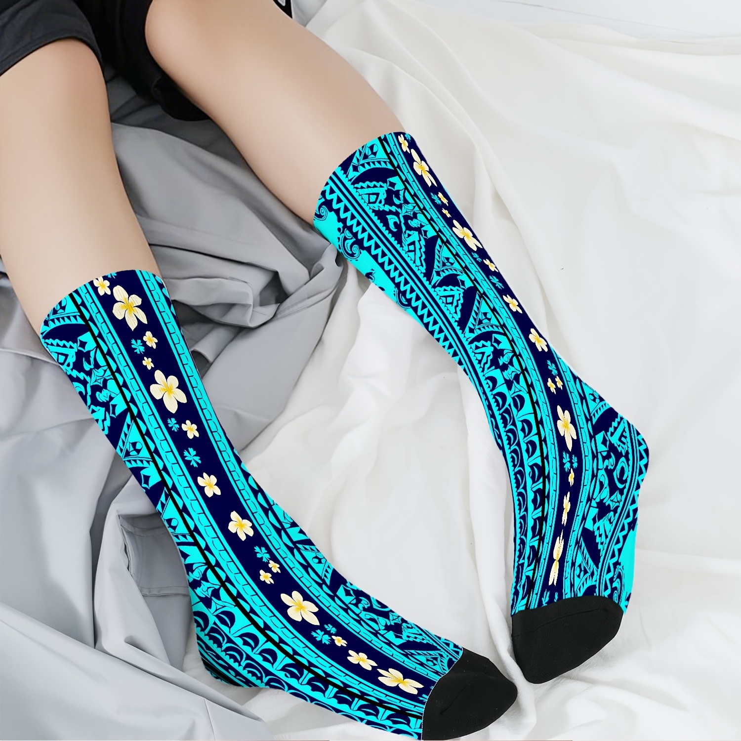 item picture a pair of funny socks featuring   style   and frangipani embellishments