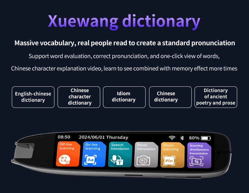 Vertimo rašiklis su OCR teksto skenavimu, USB įkrovimu, 142 kalbų palaikymu, tekstas į kalbą, Wi-Fi funkcija, litių polimerinė baterija, kalbų mokiniams, verslui, kelionėms - įkroviklis nėra įtrauktas