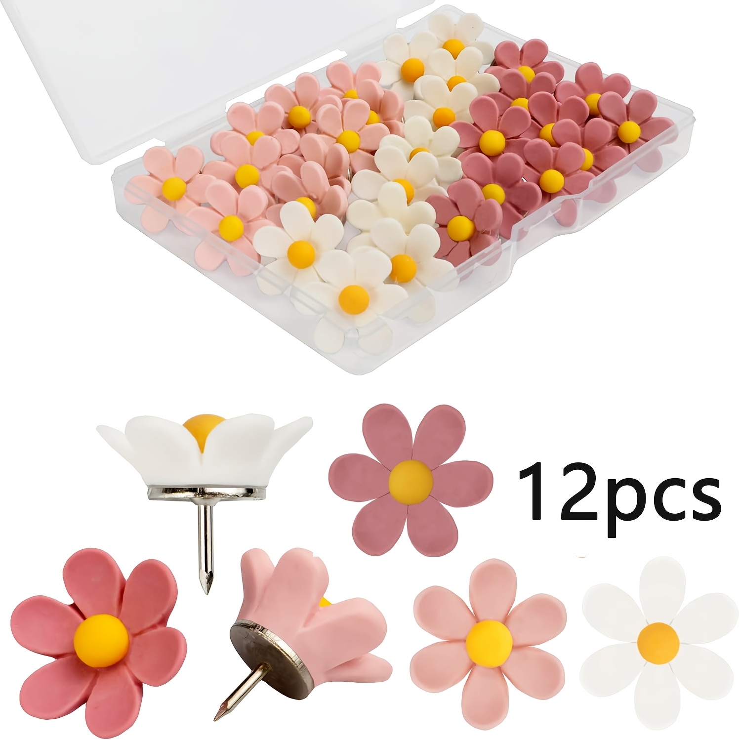 TEMU 12st Roze Bloemen Punaises - Decoratieve Bloem Duimspijkers voor Fotowanden & Kantoorbenodigdheden