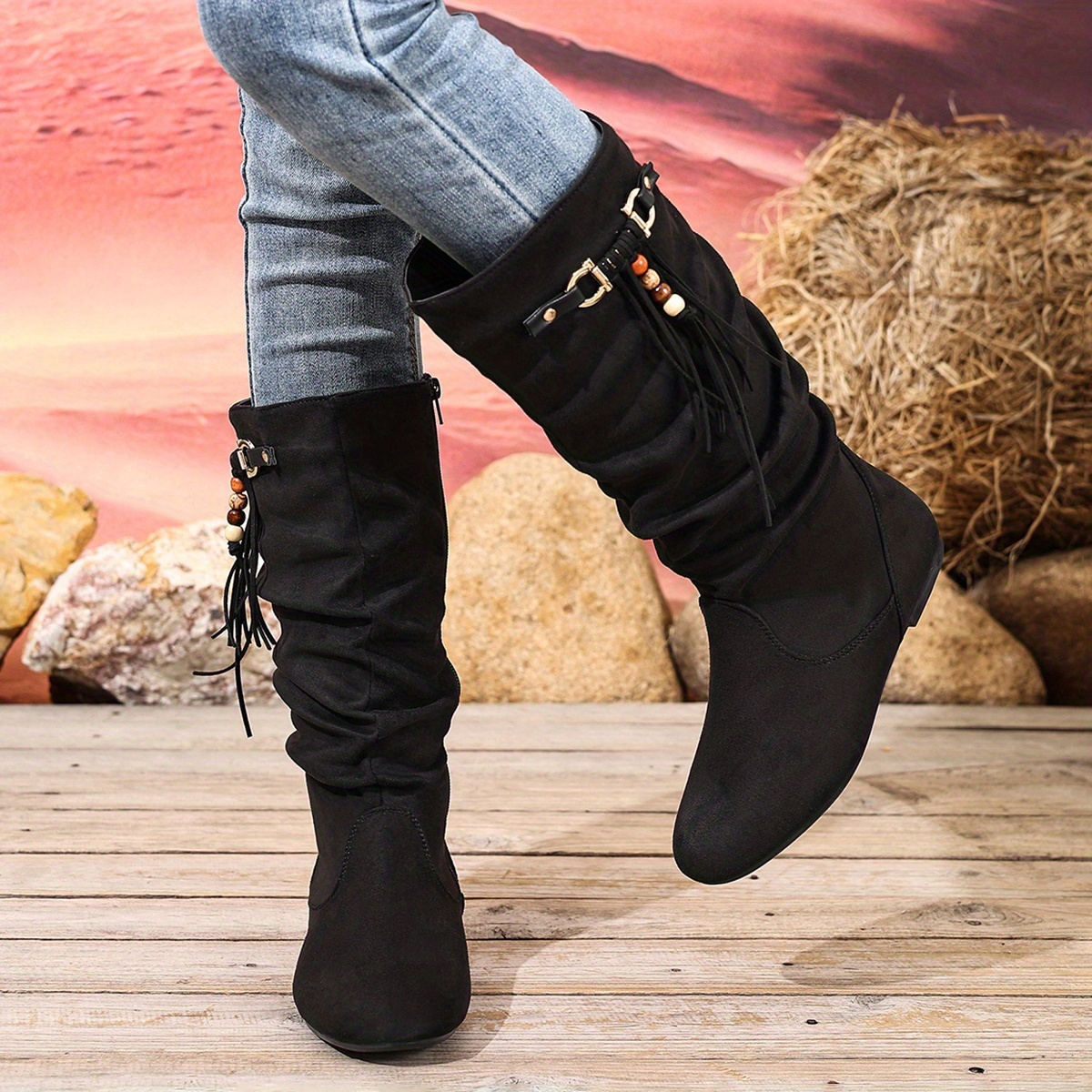 TEMU Black Elegant Women's Boots, Classic Pleated Design, Strap Beaded Tassel Decoration, Side Zipper Women's Mid-tube Boots, Suitable For Daily ,
