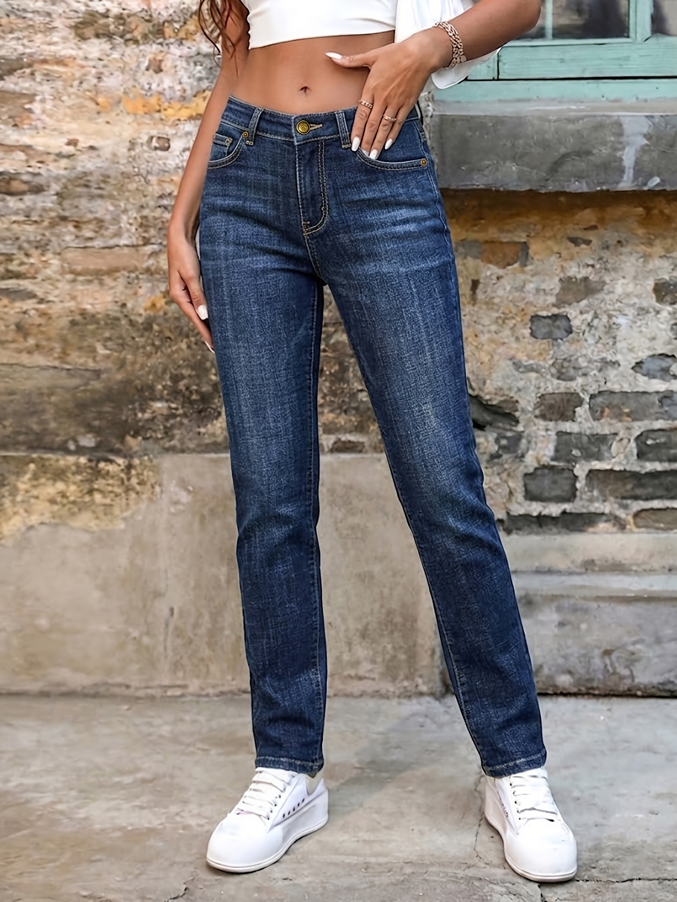 dunkelblaue stretch-straight-leg-jeans für damen, vintage-stil, schlankmachend, figurbetont, vielseitige casual-denimhose für frühling herbst