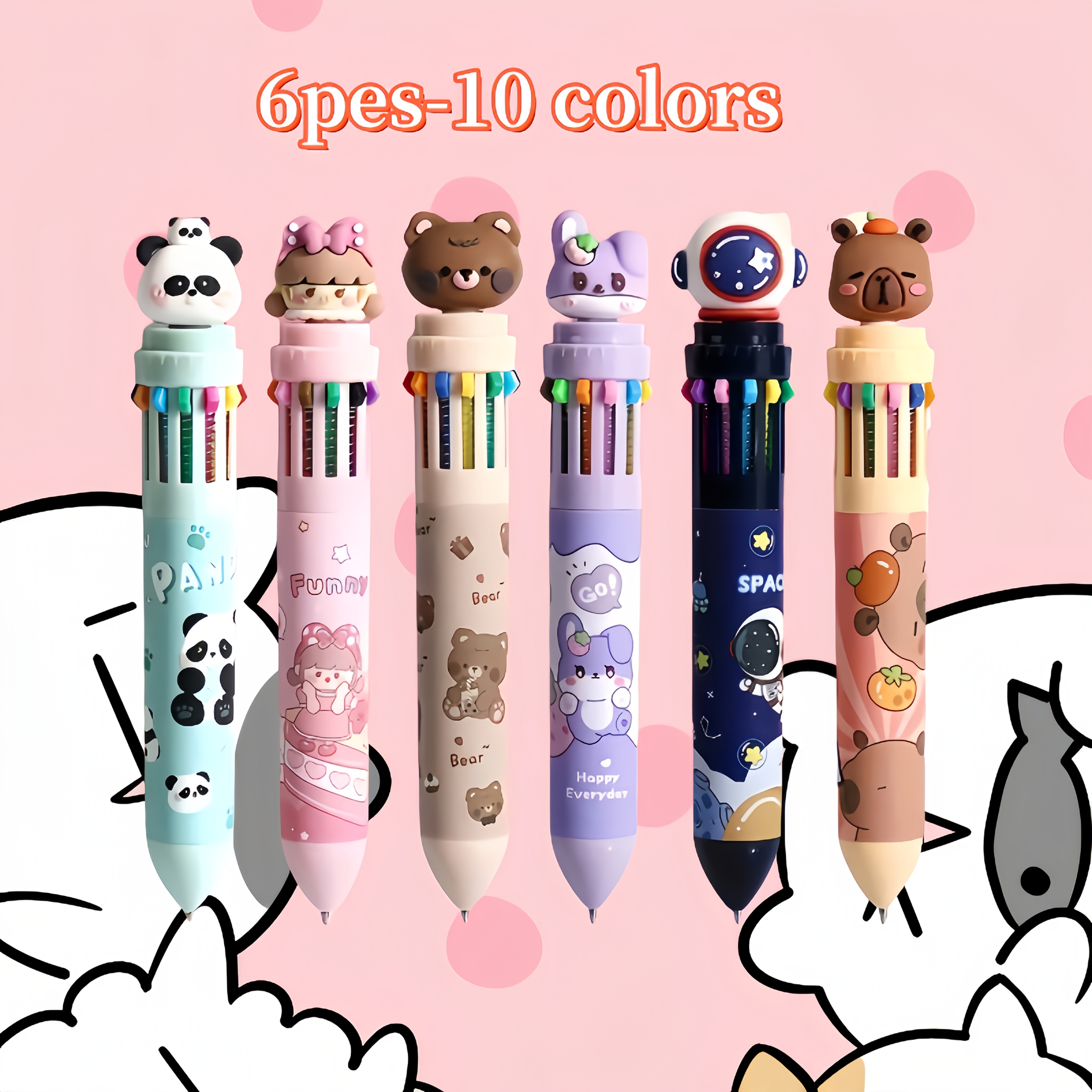 6 piece cute cartoon retractable ballpoint pens 10 color set with soft silicone 3d tips for   switching vibrant colors for hand lettering painting   art projects hand lettering tool artistic drawing pen   design fun stationery smooth writing pen silicone tip pen fine tip pen multicolor pen artists students Product details 0