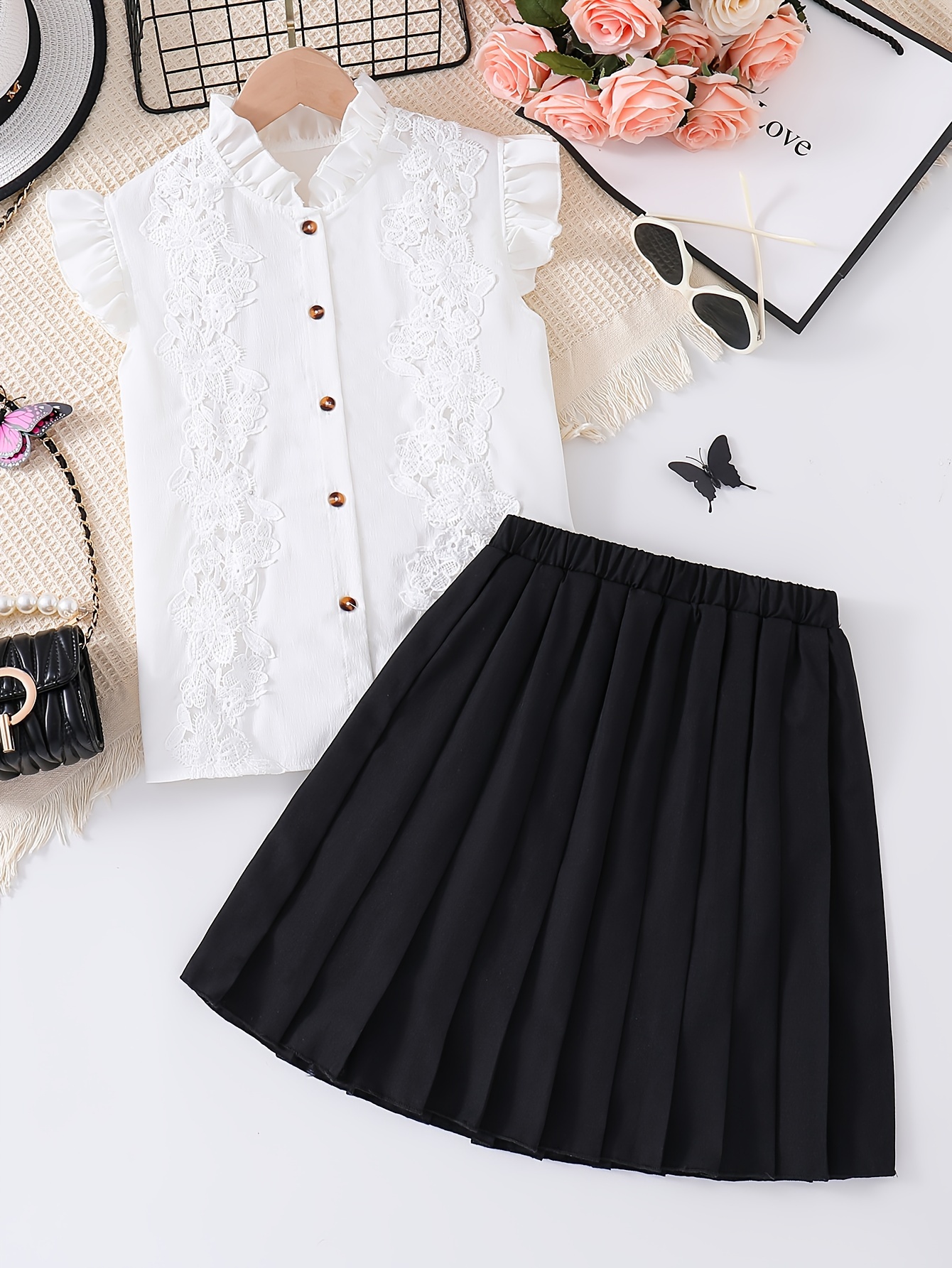 Girls Sleeveless Button Up Blouse + Pleated Skirt Set Lady Style Summer ...
