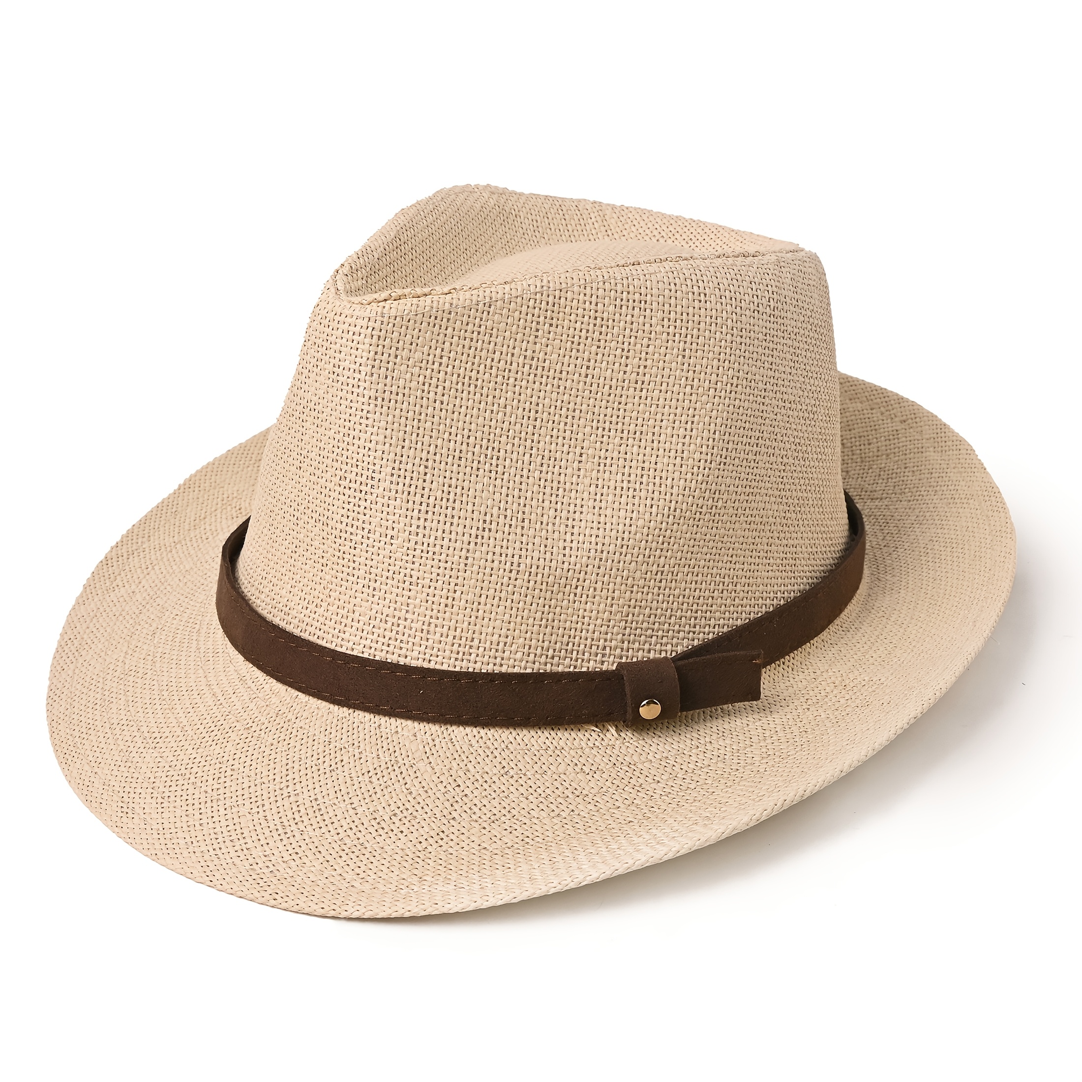 TEMU Unisex Straw Fedora Sun Hat, Classic Wide Brim Panama Hat With Suede Style Band & Metal Accent, Casual Summer Hat For Men Women Classic Straw