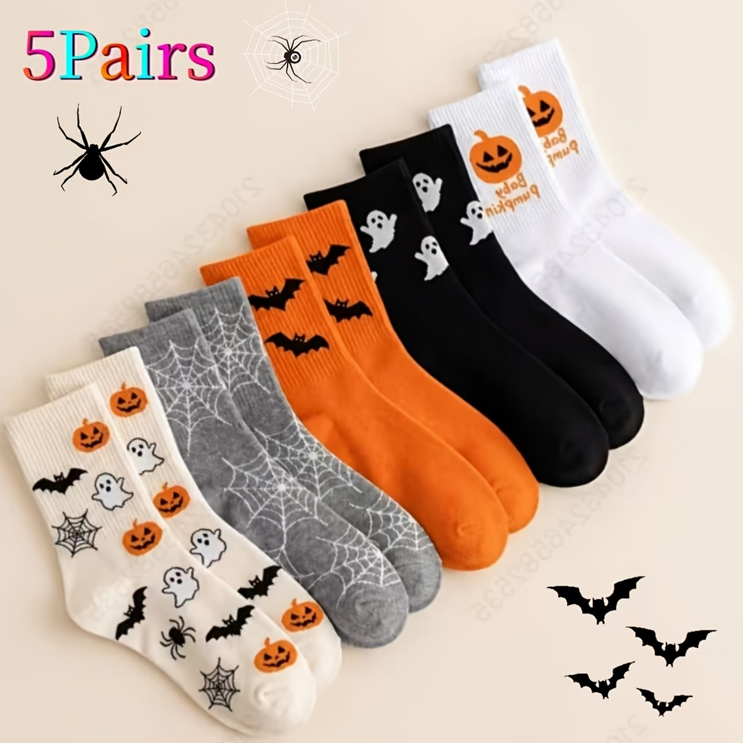 TEMU Lot de 5 paires de chaussettes d'Halloween, , compatibles avec chauve-souris et citrouille, adaptées pour costumes, fêtes, tenues décontractées,