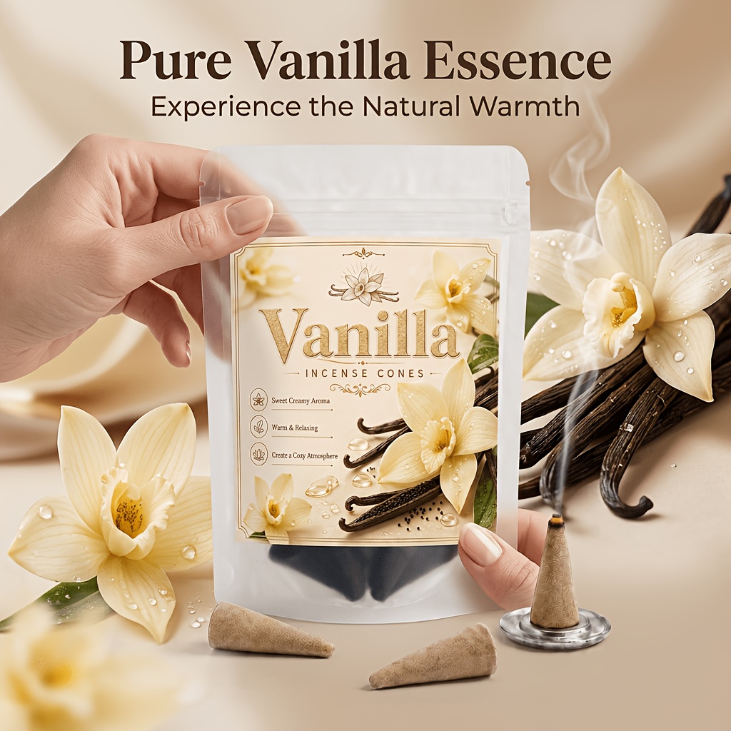 Vanilla Incense Cones, Natural Handmade, Long-lasting , Warm Sweet Scent For Relaxation & Sleep, Fragrance, Yoga Meditation, Indoor Outdoor Use, Gift