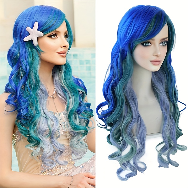 

Mermaid-inspired Long Green Ombre Wig With Bangs - Heat Resistant Synthetic Hair For Cosplay, Parties & Halloween Costumes