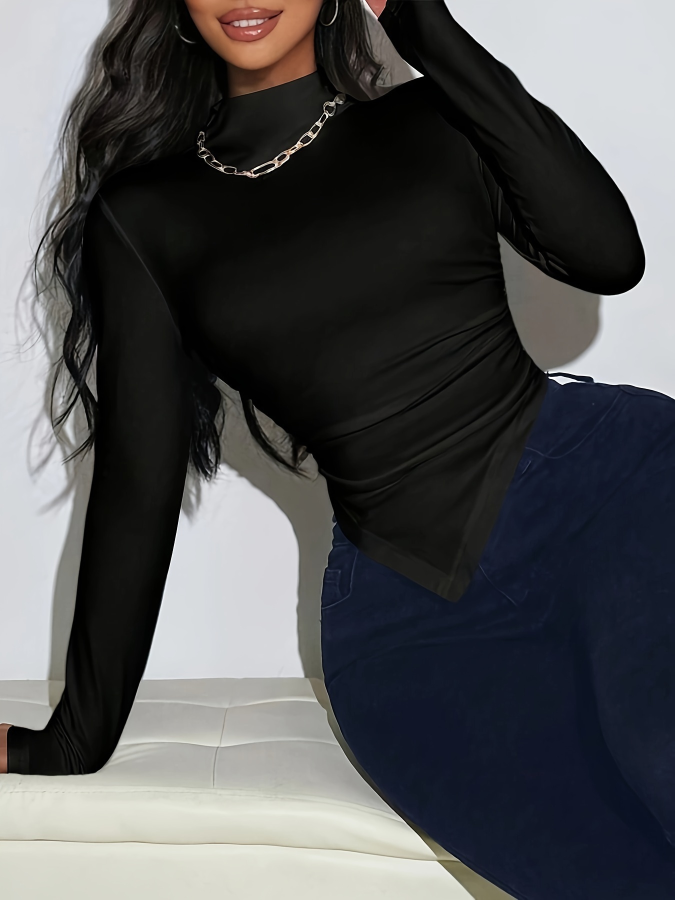 side ruched asymmetrical hem t shirt sexy mock neck fit Temu Bahrain