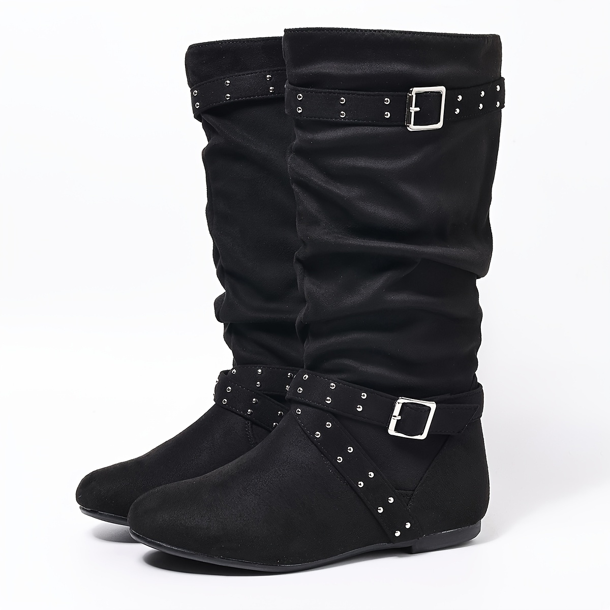 Image of Women's Boots, Classic Strap Studded Pleated Design With Side Zipper, Black Fashionable Elegant Boots, A For Mom, Women Shoes
