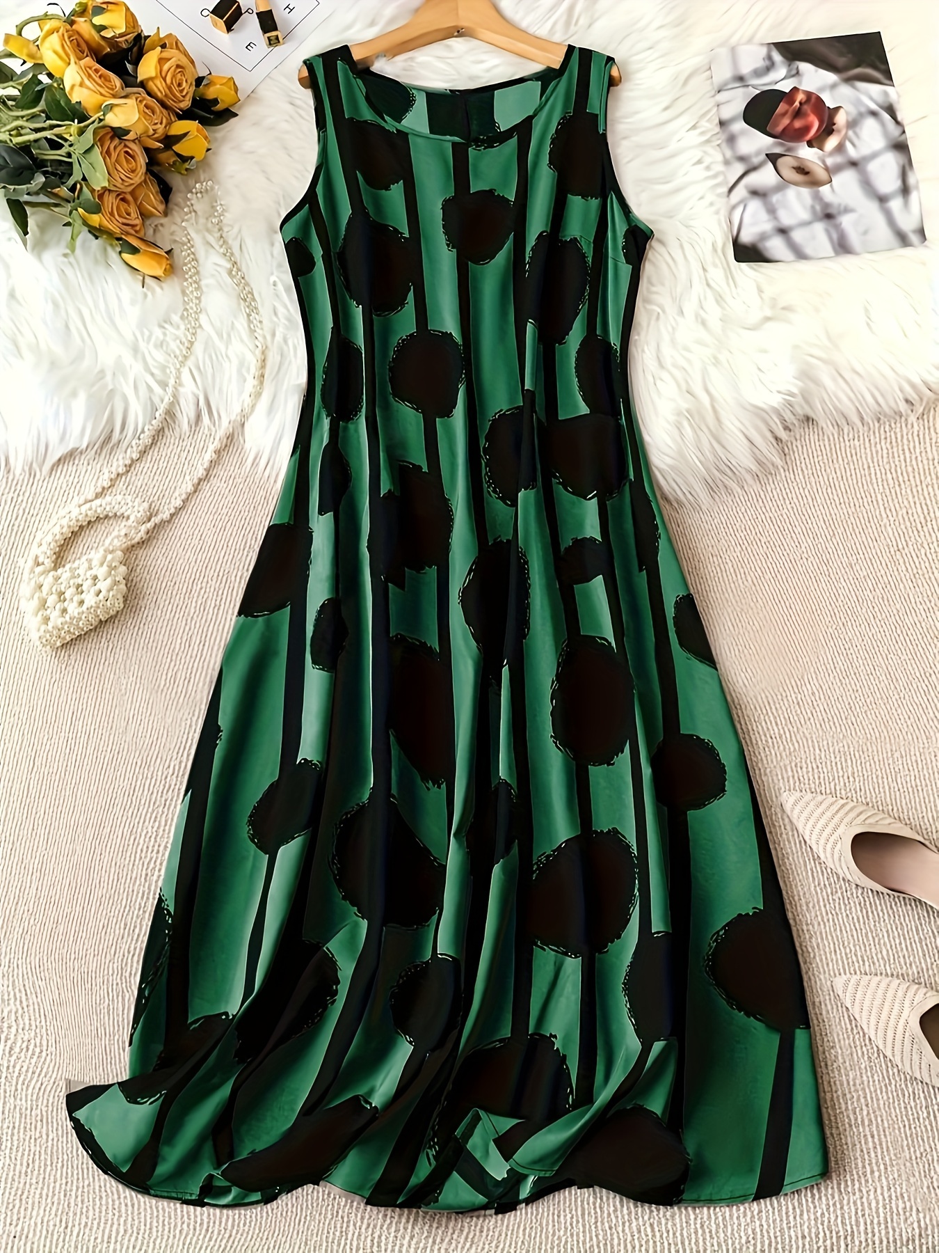 Large Women's Elegant Sleeveless Dress Casual Print Round Neck Dress