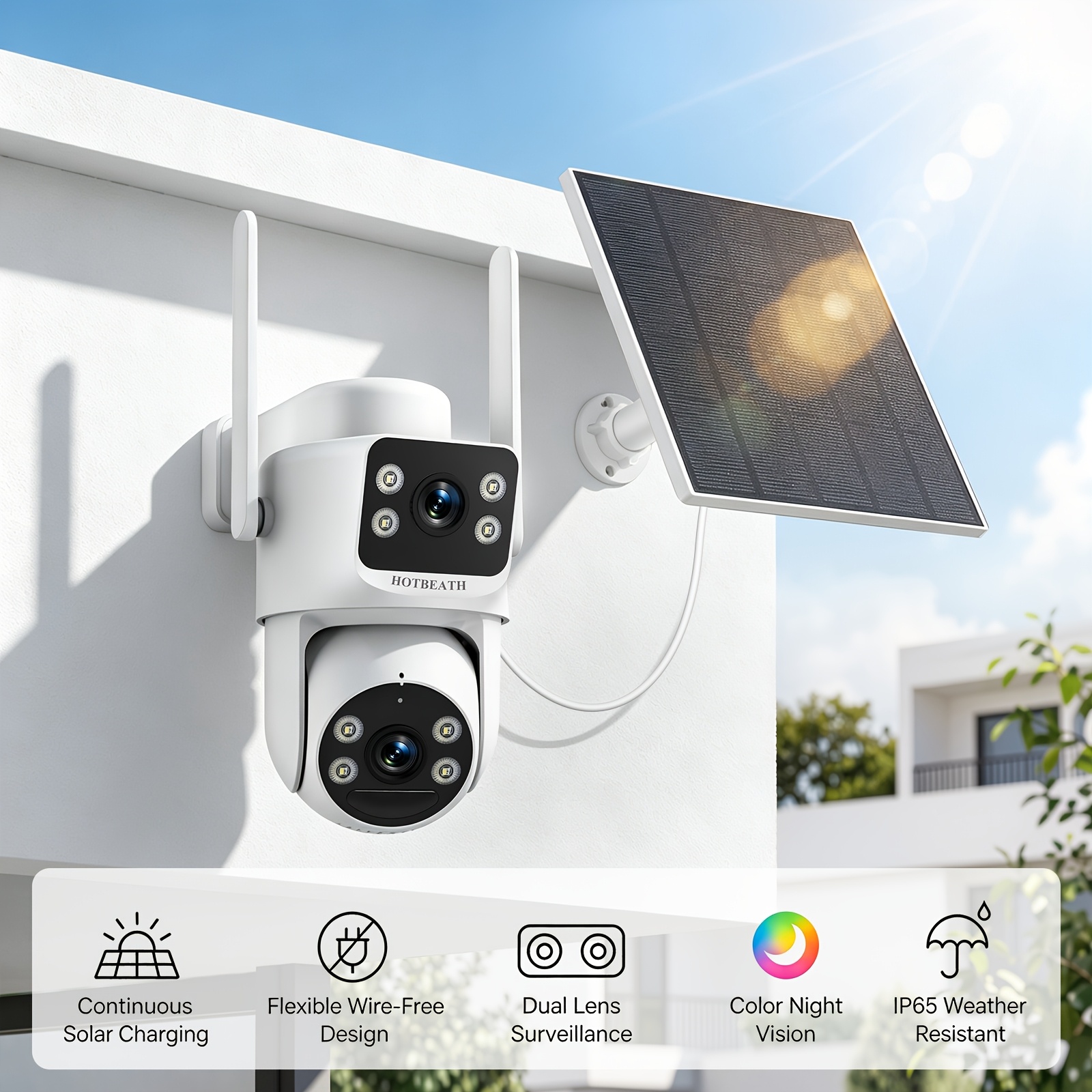 TEMU Solar Powered Outdoor Security Camera, Waterproof, 2.4ghz/5ghz Dual Band Wifi, Ai Human Detection, Night Vision, Audio, Spotlight Alarm, App
