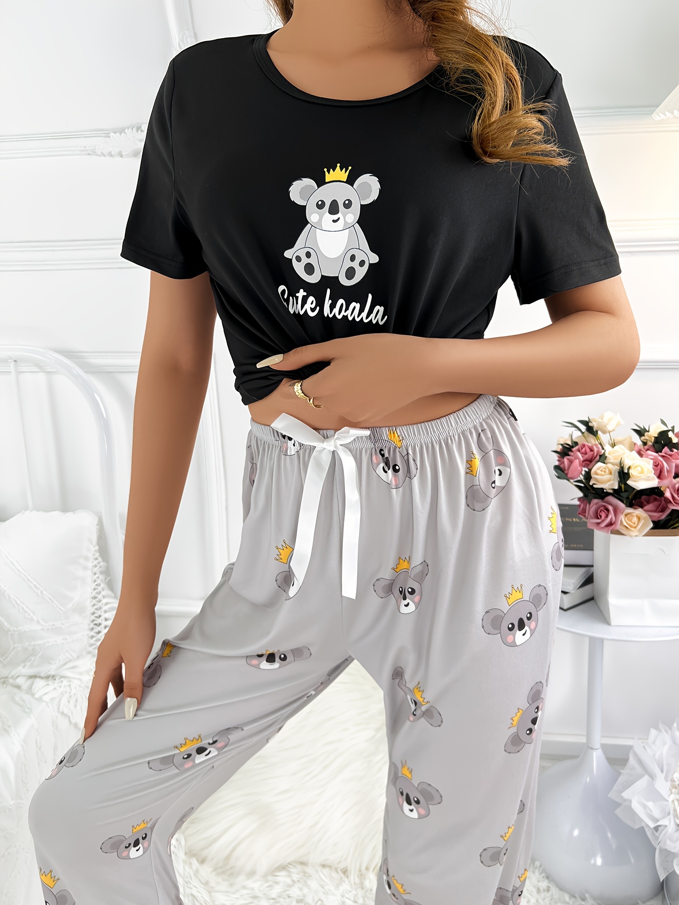 Women Pajama Set Cartoon Print Short Sleeve Tops+Pants Suit Sleepwear  Homewear