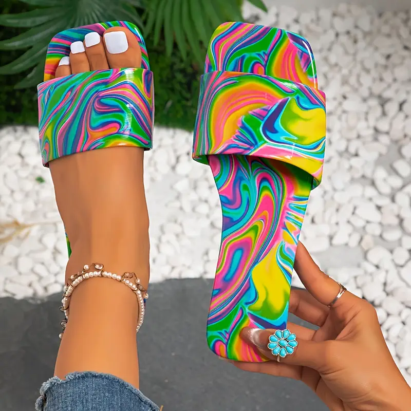 womens abstract color slide sandals fashion open toe flat summer shoes lightweight slide sandals details 1