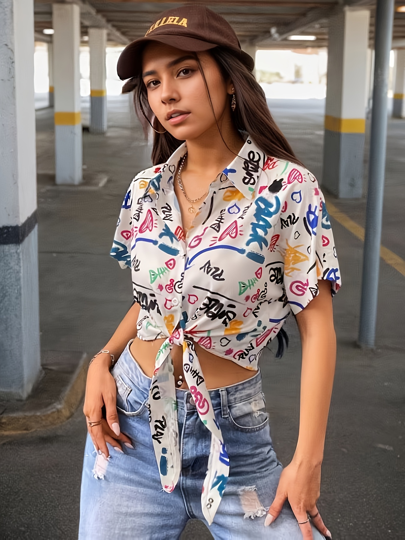 Women'S Summer Casual Crop Top Shirt with Trendy Letter Print, Short  Sleeve, Tie-Front Detail, and Lapel Collar Vibrant Graffiti Design,  Lightweight