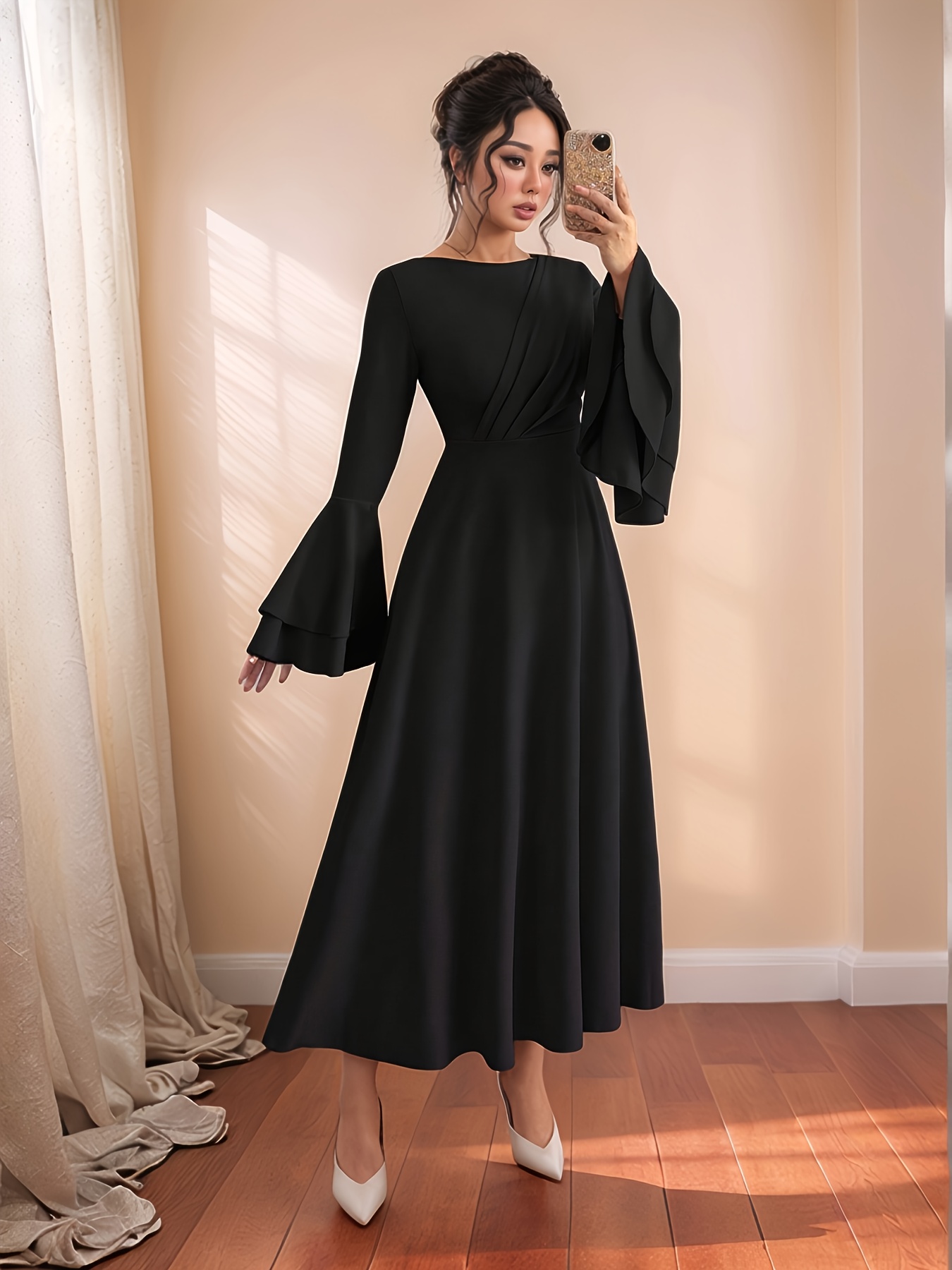 black dress with burgundy accents elegant flared long sleeve a line waist black dress with red accents