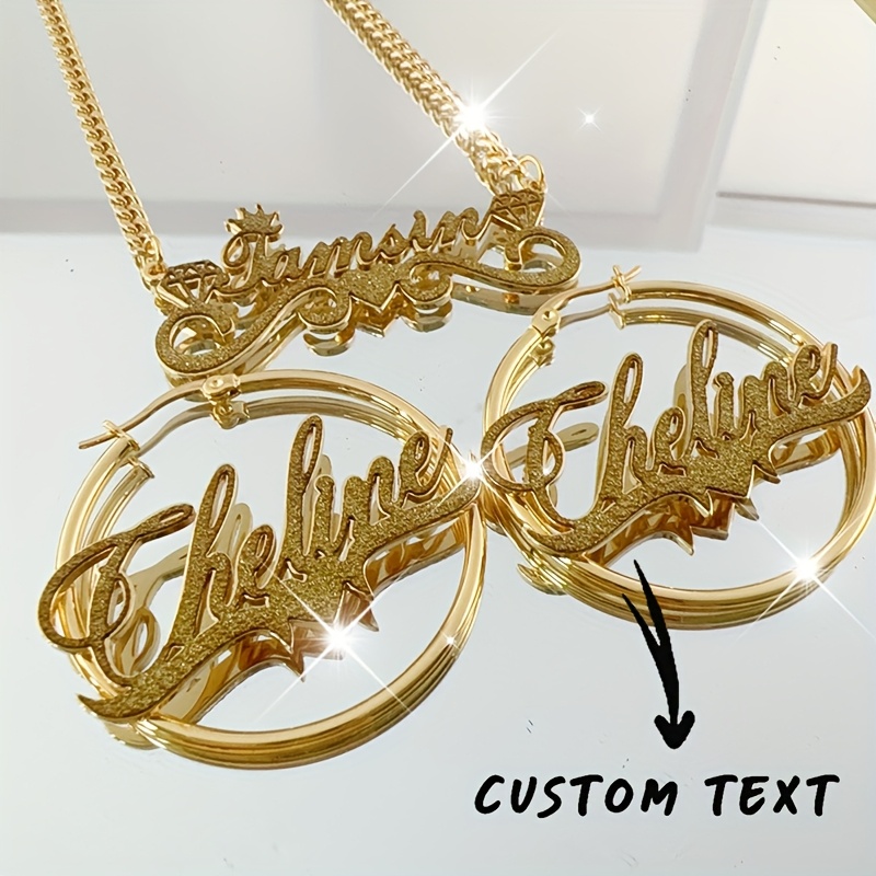TEMU Custom Shiny Name Necklace Earrings Stainless Steel Cuban Chain Heart Nameplate Fashionable And Gorgeous Name Earrings Women Jewelry Sets Daily
