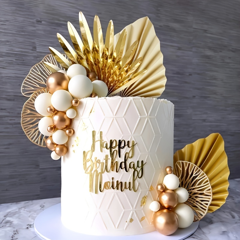 

Elegant Golden And White Cake Decorations: Diy Foam Ball, Artificial Flowers, And Paper Inserts For Wedding, Birthday, And Anniversary Celebrations