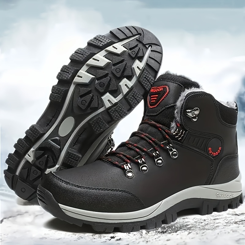 

1pair Men's Winter Anti-slip Snow Boots With Fleece , Outdoor Hiking Hunting Shoes, Warm High-top Casual Sports Boots, Solid Color, Round Toe, Lace-up, Short Boots, , Fabric Insole