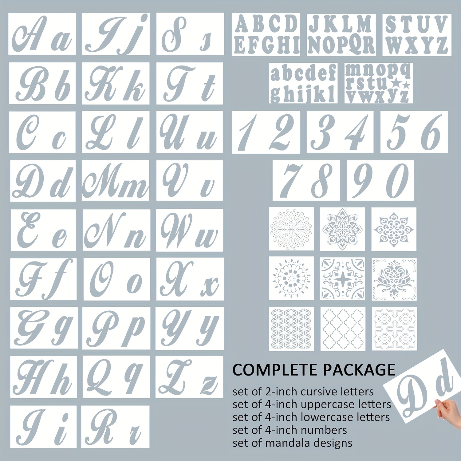 E-shop 124 Alphabet Zahlen und Mandala Schablonen, klein und groß, 2 und 4 Zoll, Groß- und Kleinschrift, Kunsthandwerk, Buchstaben Schablone,