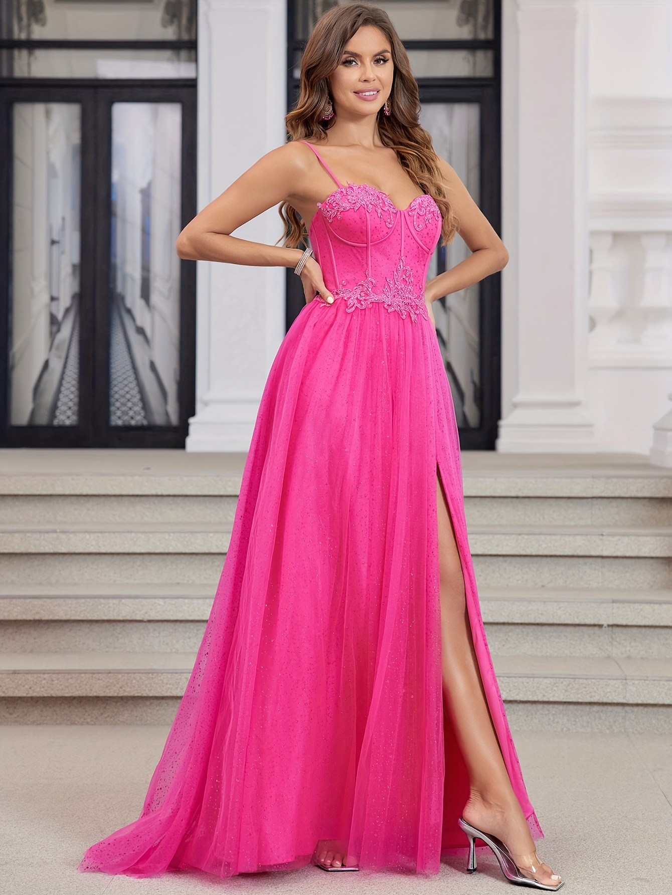 Sparkly Tulle Prom Dresses Long With High Slit Sweetheart Spaghetti Strap  Formal Lace Evenving Gown For Teens With Bown Ball Gowns Floor Length