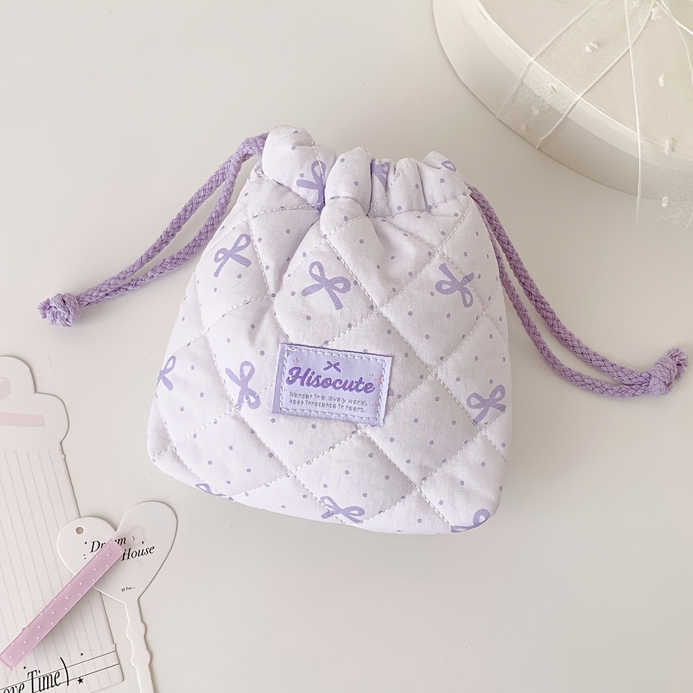TEMU 1pc Cute Bowknot And Polka Dot Drawstring Bag, Sweet Portable Storage Bag, Perfect Protection Against Scratches, Can Store Data Cables, ,