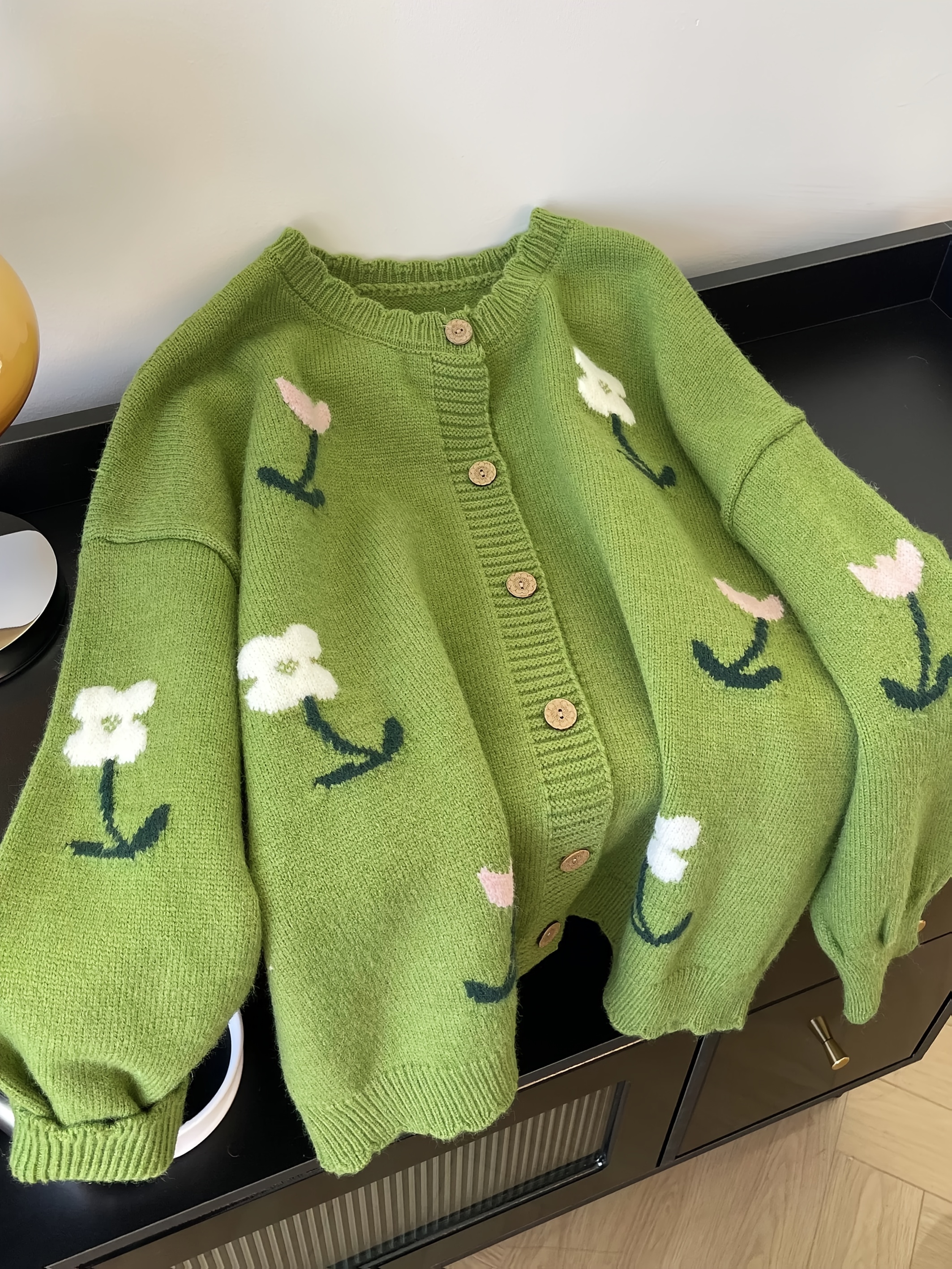 2025 autumn winter   loose fit designer wood ear collar wavy collar   floral cardigan sweater top for women