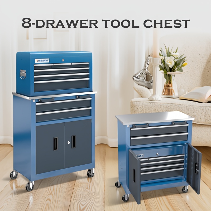 Image of 8-drawer Work Cabinet With 360 ° Turning Roller And Safety Lock System, Shock Resistant Feet And Fixing System, Portable Toolbox, Stainless Steel Workbench, Used As A Workbench Extension, Blue