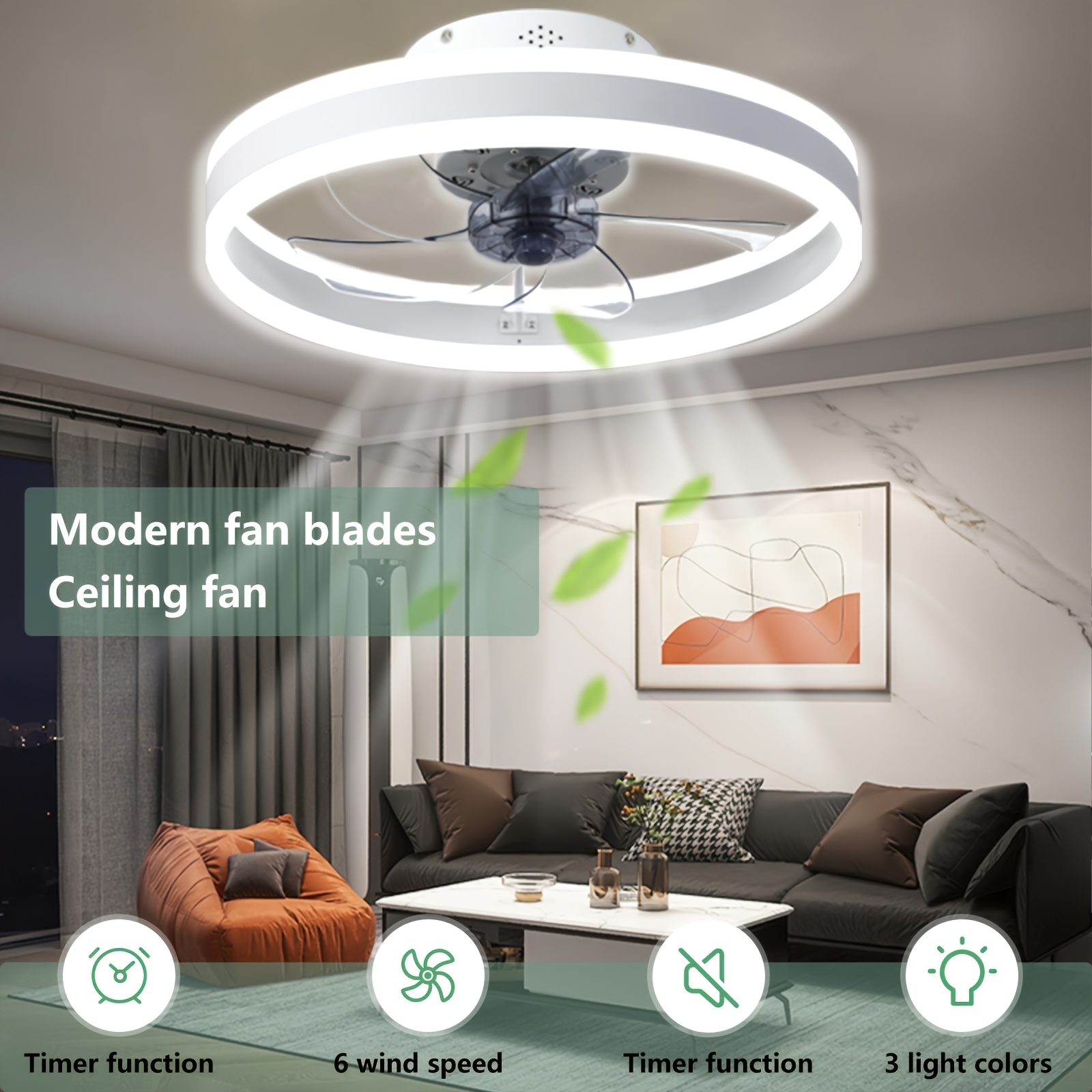 Image of Ceiling Fans With Lights, Led Ceiling Light With Fan, 3 Color Temperatures (3000-6500k) And 6 Fan Light, Fan With Lamps For Living Room, Dining Room, Bedroom