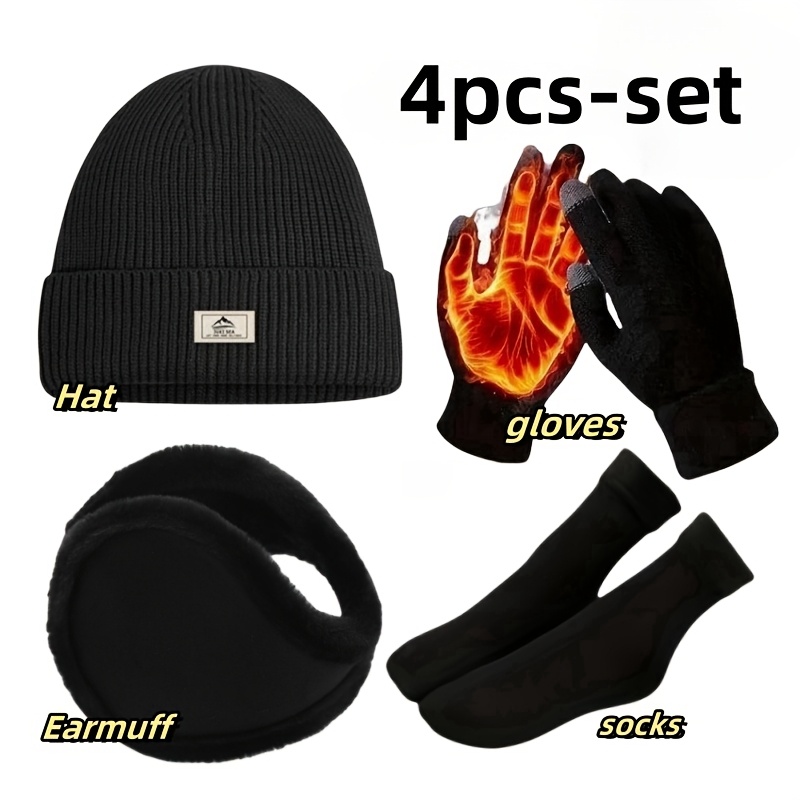 

4pcs Men's Winter Outdoor Hat Set, Including Knitted Fleece Beanie, Gloves, And Anti-slip Socks, Suitable For Casual , Winter Outdoor Sports, Father's Day Gift, Gift Set