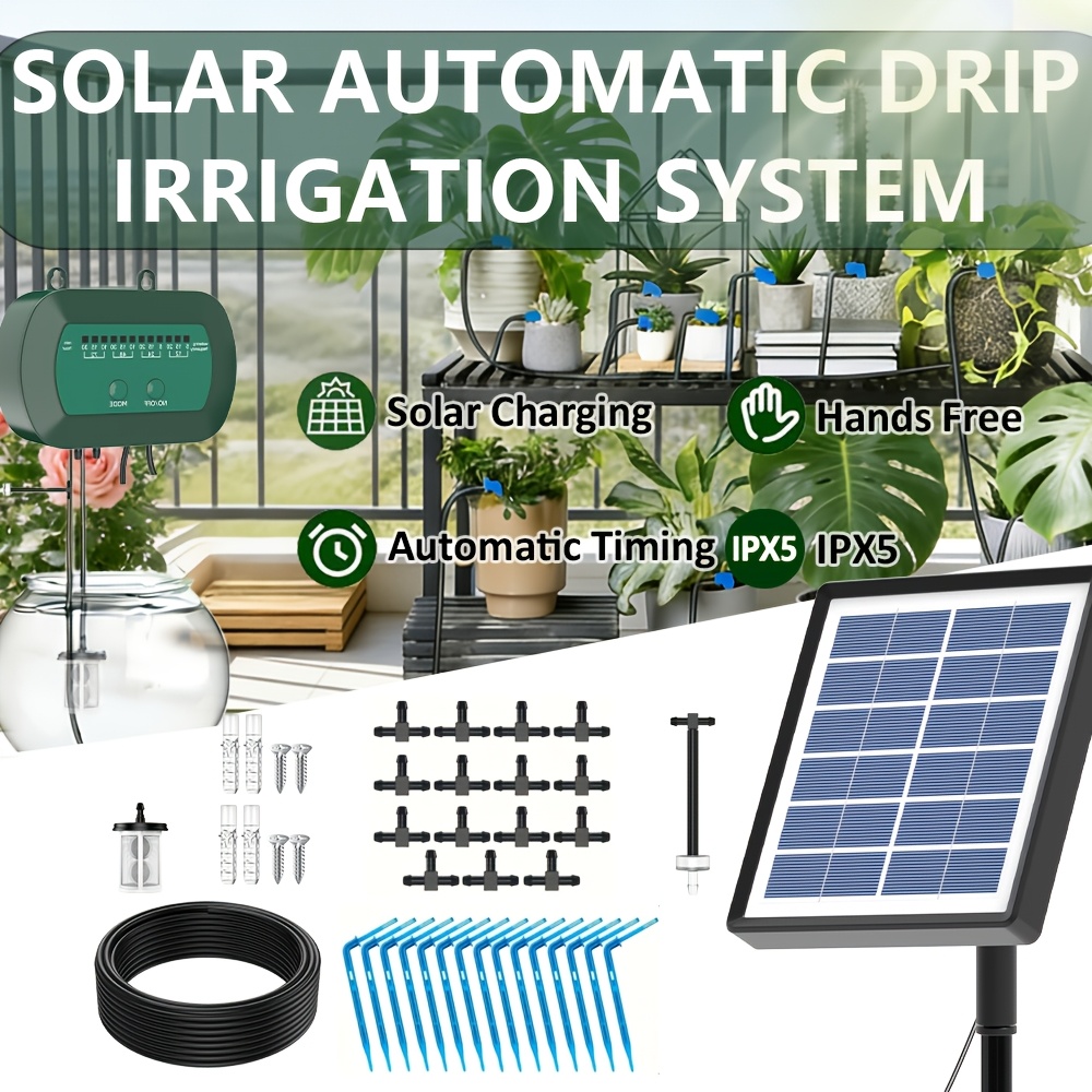 Image of Solar Drip Irrigation System, Watering Kit For 15 Pots, Solar-powered Plant Watering, Multiple Timer , Indoor/outdoor Garden Flow, Balcony And Patio Irrigation System