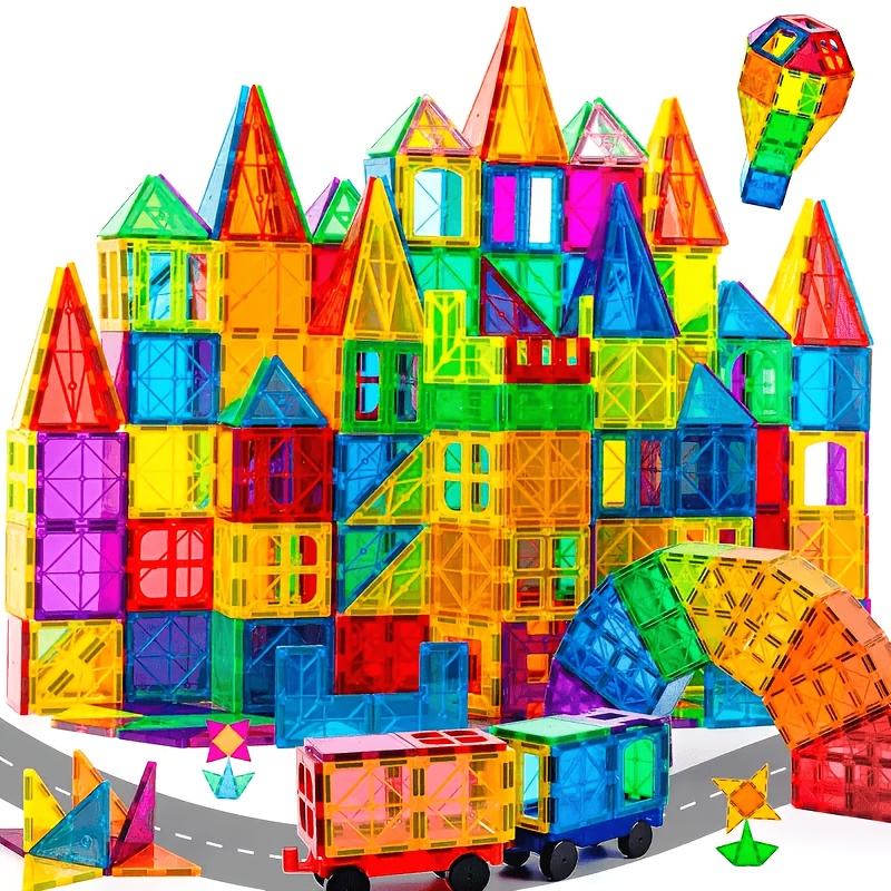TEMU Magnetic Tiles 106/136pcs With 2 Cars, Large For Children Stem Construction Set Imagination Educational Toys Birthday Gift For 3 4 + Year Old